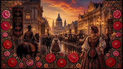 bustling city street panorama at dusk