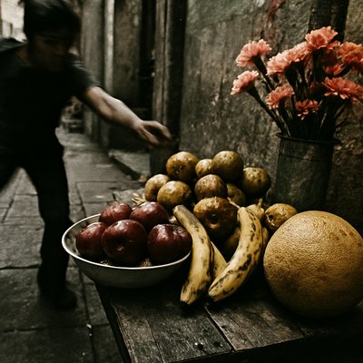 still life arrangement of fruits and flowers