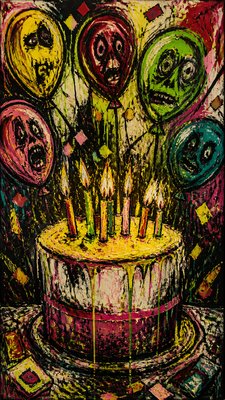 a birthday cake with lit candles surrounded by balloons and confetti, festive vertical composition, no text