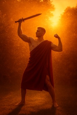 a man in a red robe holding a sword