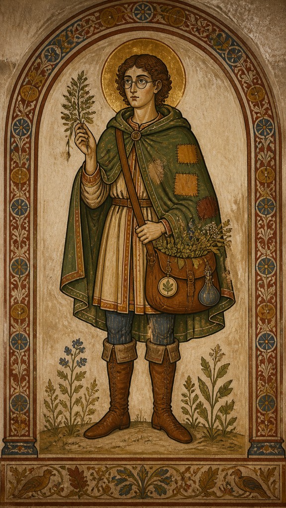 full-body original character: a wandering botanist with a satchel of plants, a patched green cloak, tall boots and round glasses, neutral background