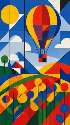 a hot air balloon drifting over rolling flower fields on a sunny day, cheerful, no text