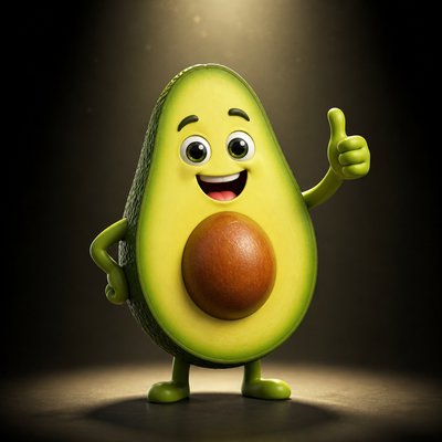 a happy avocado character giving a thumbs up, bold readable design on a plain background, no text