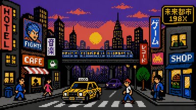 bustling city street panorama at dusk