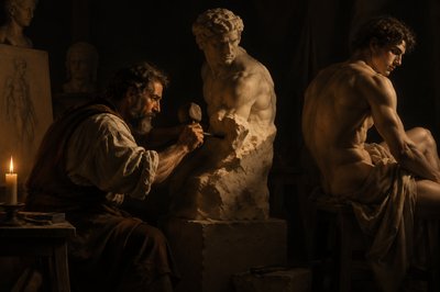 Michelangelo carving with an athlete sitting sideways for him