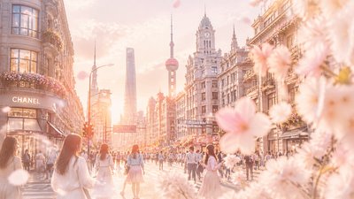 bustling city street panorama at dusk