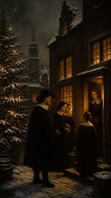 a snow-covered cottage with warm glowing windows beside a decorated pine tree, gentle snowfall, no text