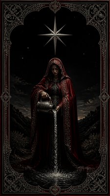 a robed figure pouring water beneath a large eight-pointed star in a night sky, symmetrical composition with an ornate decorative border, no text