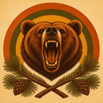 a roaring bear head above crossed pine branches, bold graphic composition on a plain background, no text