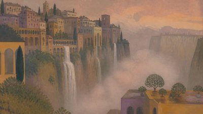 a cliffside city with waterfalls cascading into a misty canyon, wide establishing shot, no people, no text