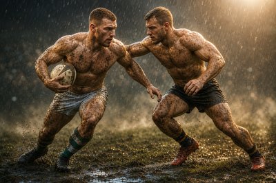 a couple of men standing next to each other on a field