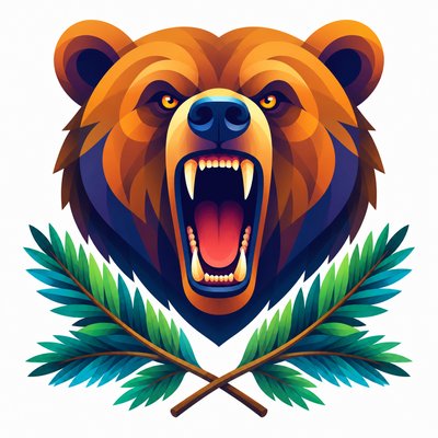 a roaring bear head above crossed pine branches, bold graphic composition on a plain background, no text