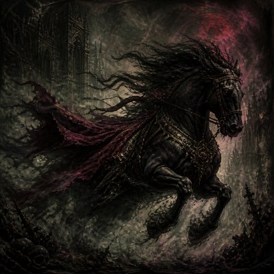 a galloping horse with flowing mane, side view