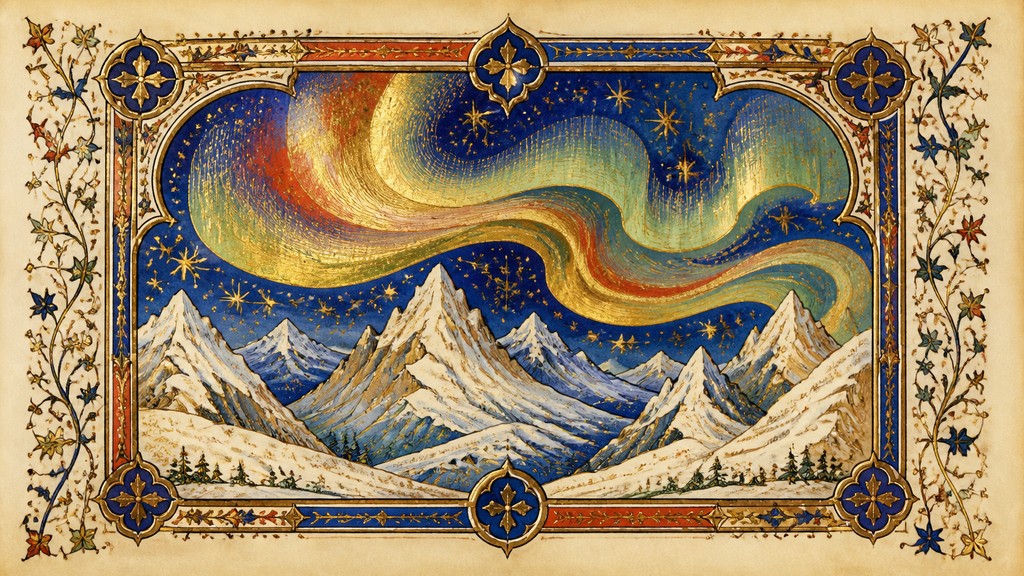 a flowing aurora over snowy peaks, wide sweeping composition, no people, no text