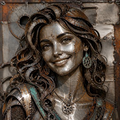 head-and-shoulders portrait of an original character: a young woman with wavy chestnut hair and a warm smile, plain soft backdrop