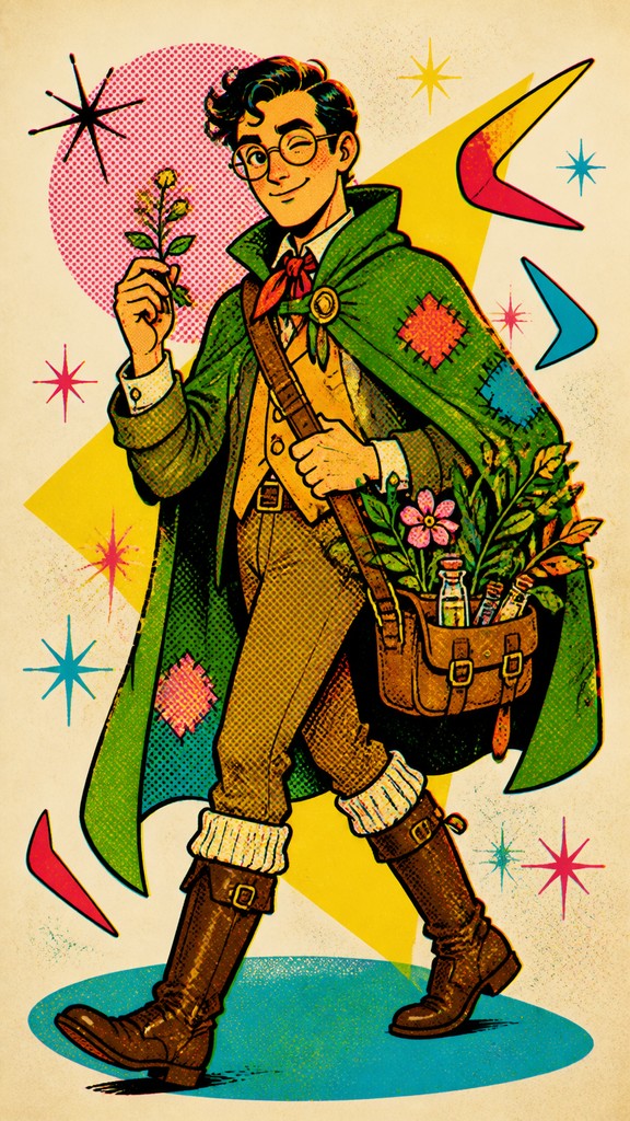 full-body original character: a wandering botanist with a satchel of plants, a patched green cloak, tall boots and round glasses, neutral background
