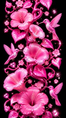 a climbing vine of flowers and hummingbirds on a dark background, tall wrapping composition, no text