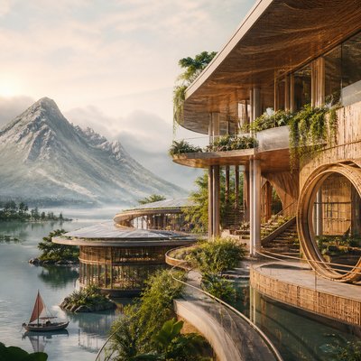 serene landscape with mountains and water