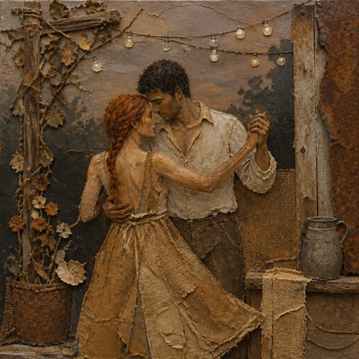 an original couple dancing under string lights in a garden at dusk: a man with short black hair in a linen shirt and a woman with braided red hair in a summer dress