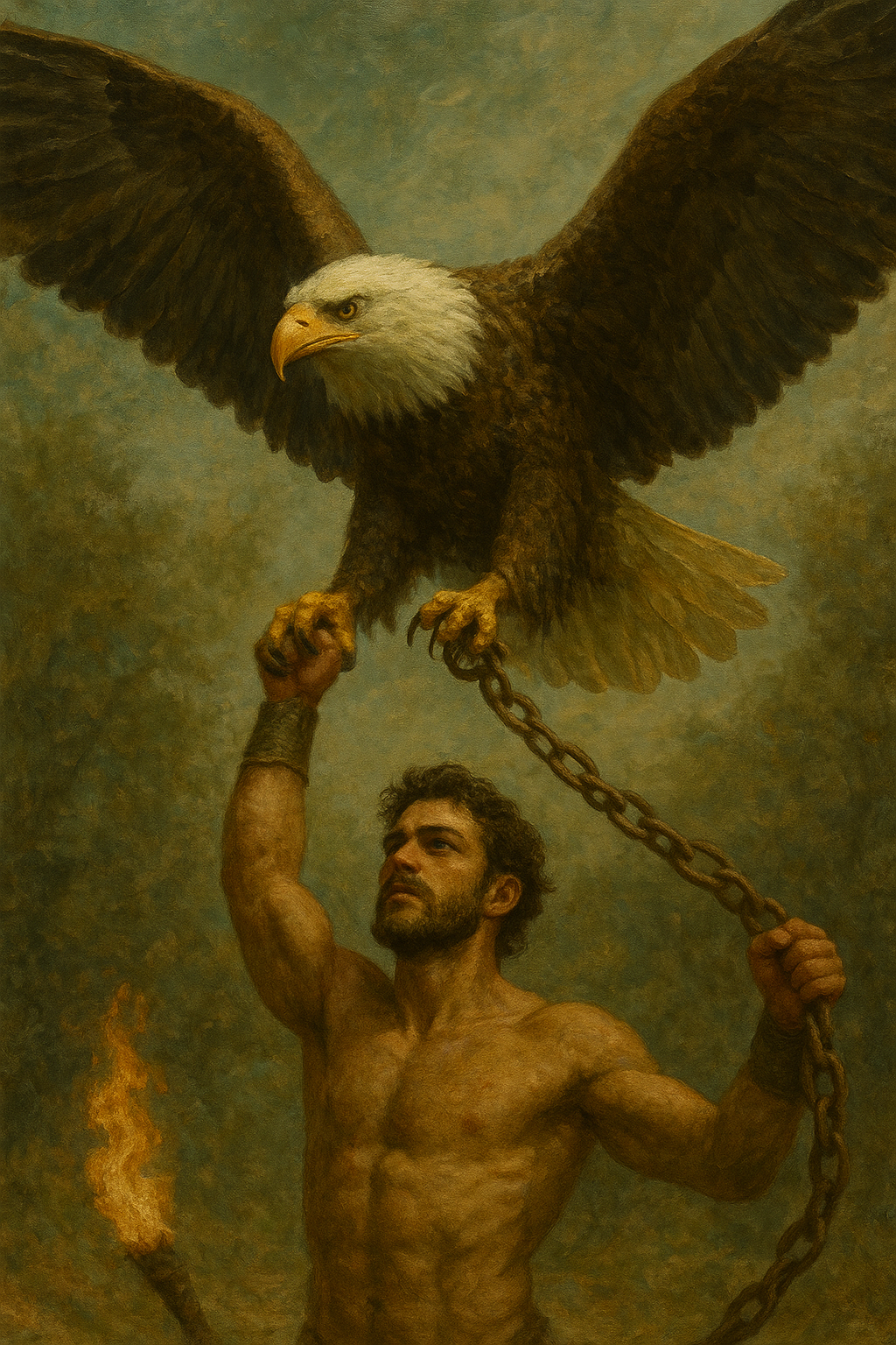 a painting of a man holding a chain with an eagle on it