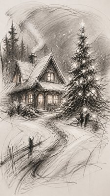 a snow-covered cottage with warm glowing windows beside a decorated pine tree, gentle snowfall, no text