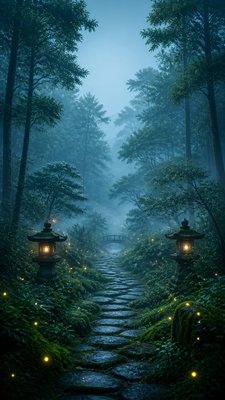 a mysterious forest path with fireflies and drifting mist, atmospheric vertical composition with open space at the top, no text