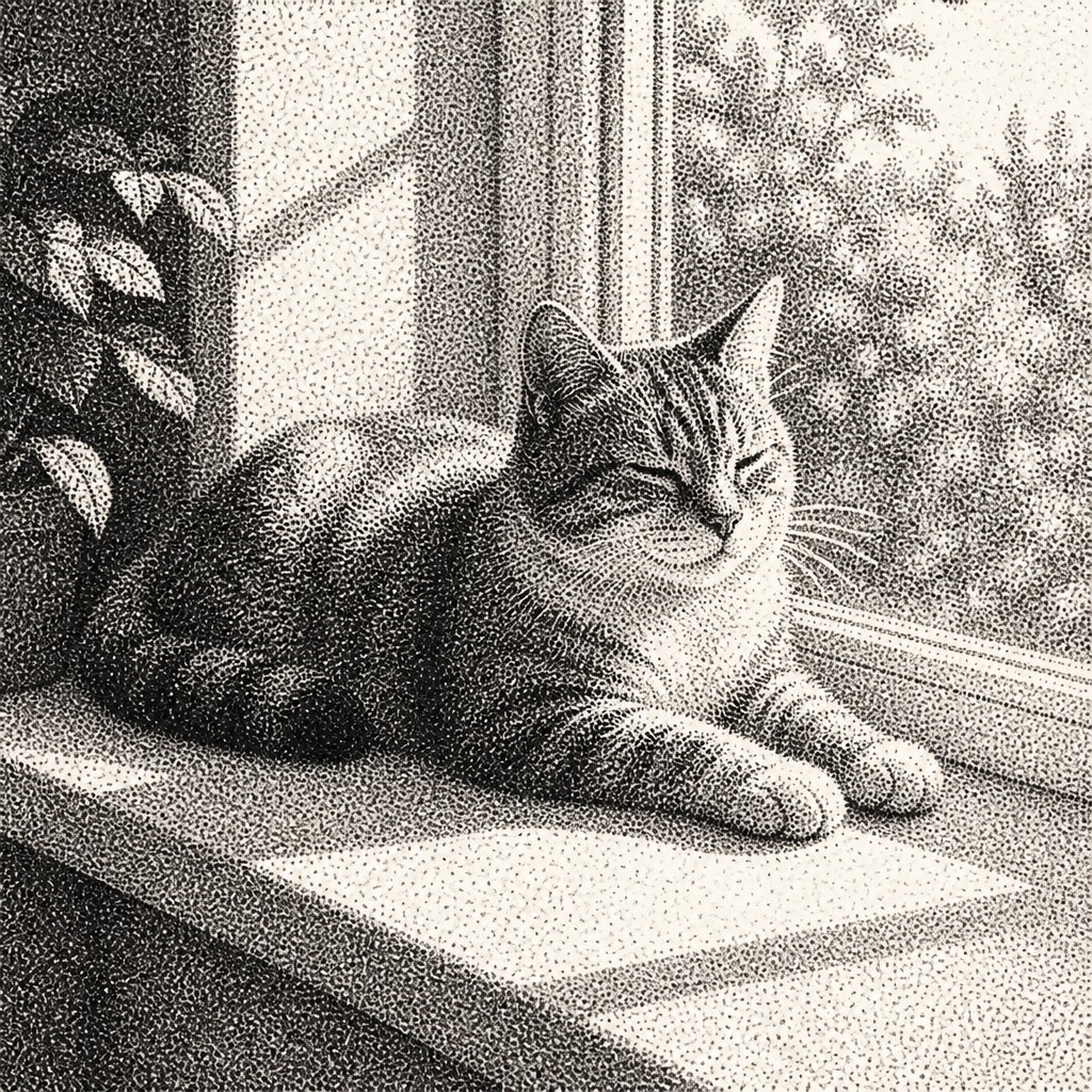a cat lounging in a sunlit window — Stippling Dotwork Style