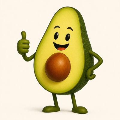 a happy avocado character giving a thumbs up, bold readable design on a plain background, no text