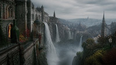 a cliffside city with waterfalls cascading into a misty canyon, wide establishing shot, no people, no text