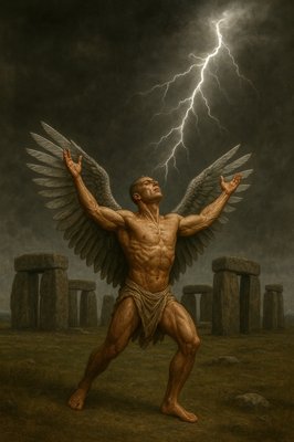 a painting of a man with wings standing in front of a lightning