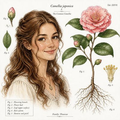 head-and-shoulders portrait of an original character: a young woman with wavy chestnut hair and a warm smile, plain soft backdrop