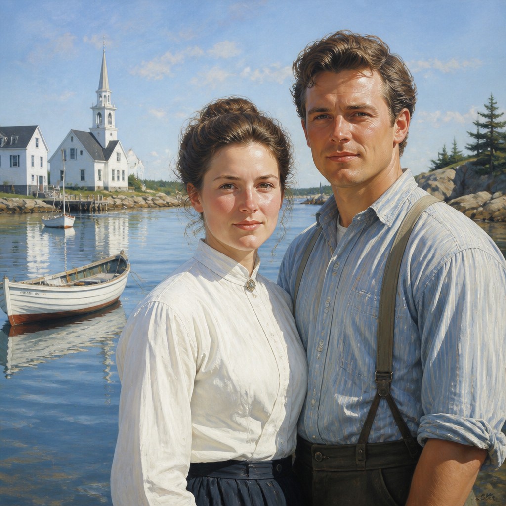 portrait of two people together — New England Maritime Art Style