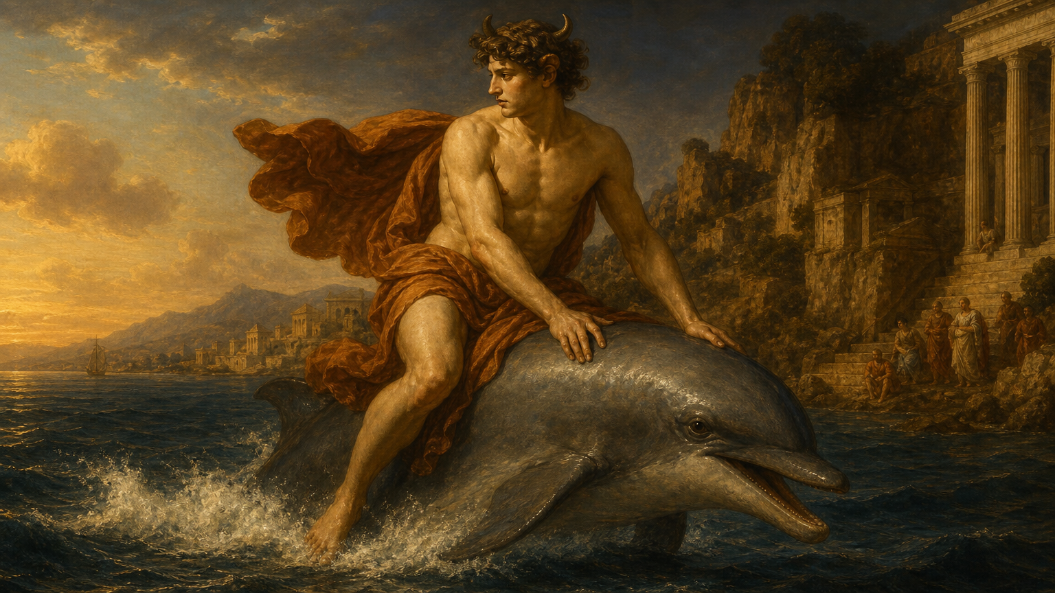 adventure story of the ancient greek ignudi Taurus riding the dolphin