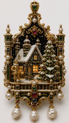 a snow-covered cottage with warm glowing windows beside a decorated pine tree, gentle snowfall, no text