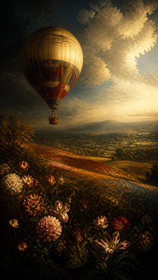 a hot air balloon drifting over rolling flower fields on a sunny day, cheerful, no text