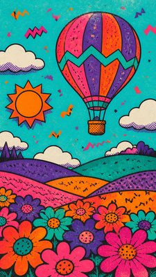 a hot air balloon drifting over rolling flower fields on a sunny day, cheerful, no text