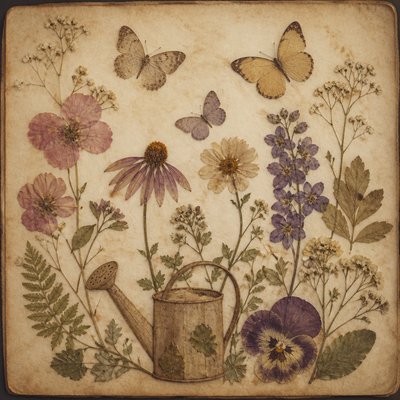 a garden scene with butterflies, flowers and a watering can, clean uncolored line art, no text