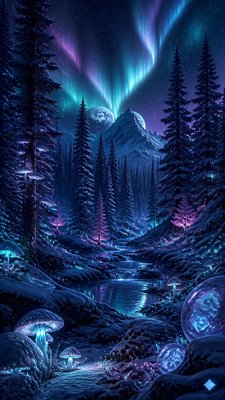 a snowy pine forest under the northern lights, no people