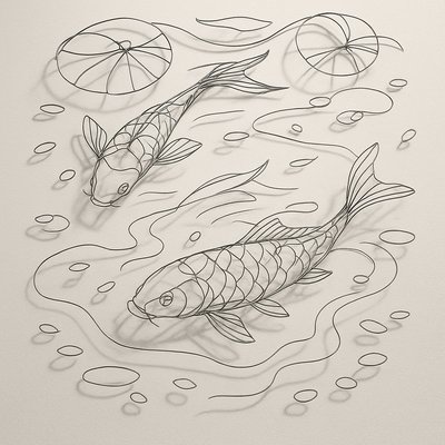 A koi pond seen from above, orange and white koi fish swimming among lily pads, clear water with subtle ripples, fallen cherry blossom petals floating on the surface, dappled sunlight