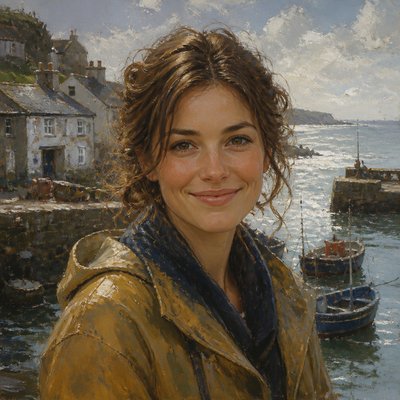 head-and-shoulders portrait of an original character: a young woman with wavy chestnut hair and a warm smile, plain soft backdrop