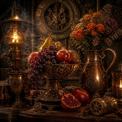 still life arrangement of fruits and flowers