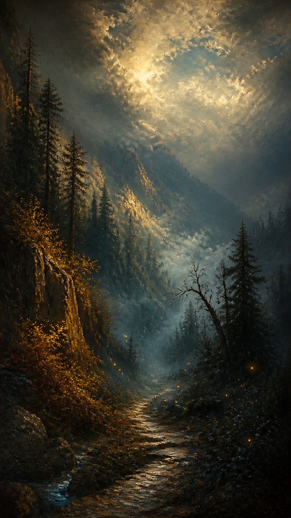 a mysterious forest path with fireflies and drifting mist, atmospheric vertical composition with open space at the top, no text