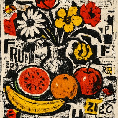 still life arrangement of fruits and flowers