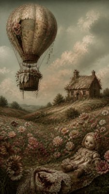 a hot air balloon drifting over rolling flower fields on a sunny day, cheerful, no text
