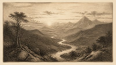 a vast valley with a river winding toward distant mountains at sunrise, no people, no text