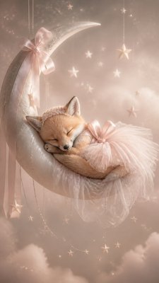 a sleeping baby fox curled on a crescent moon among soft stars, gentle and warm, no text
