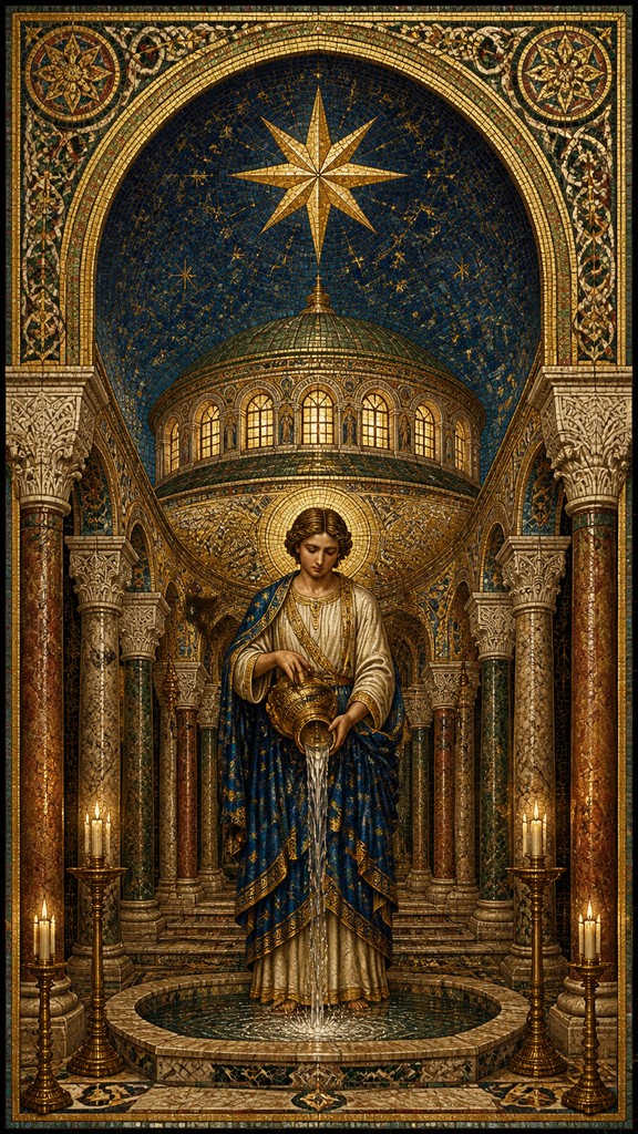 a robed figure pouring water beneath a large eight-pointed star in a night sky, symmetrical composition with an ornate decorative border, no text