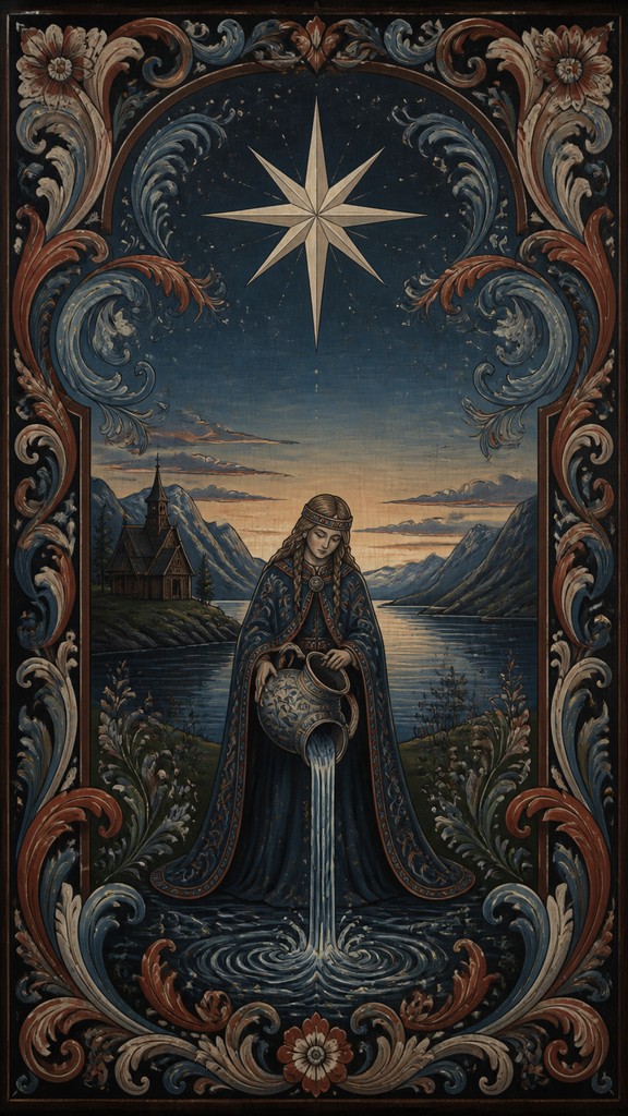 a robed figure pouring water beneath a large eight-pointed star in a night sky, symmetrical composition with an ornate decorative border, no text