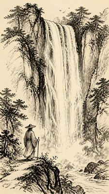 towering waterfall cascading down a cliff
