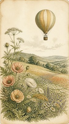 a hot air balloon drifting over rolling flower fields on a sunny day, cheerful, no text